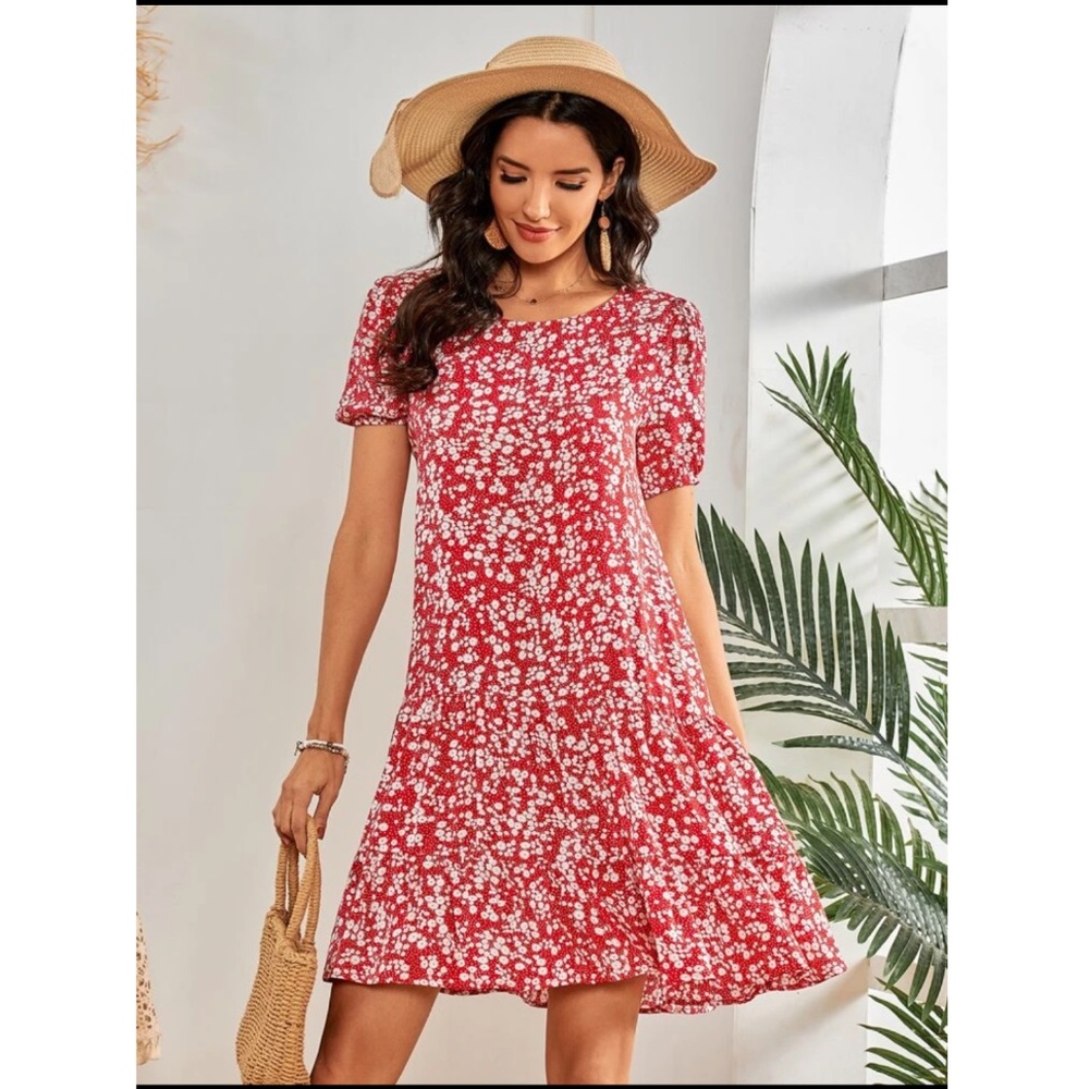 Shein Puff Sleeve Ruffle Hem Ditsy Floral & Dot Dress